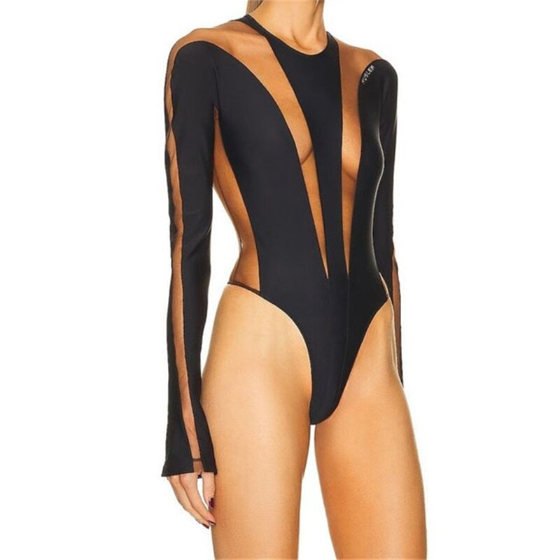 Women's Bodysuit Mesh Panel Long-Sleeved