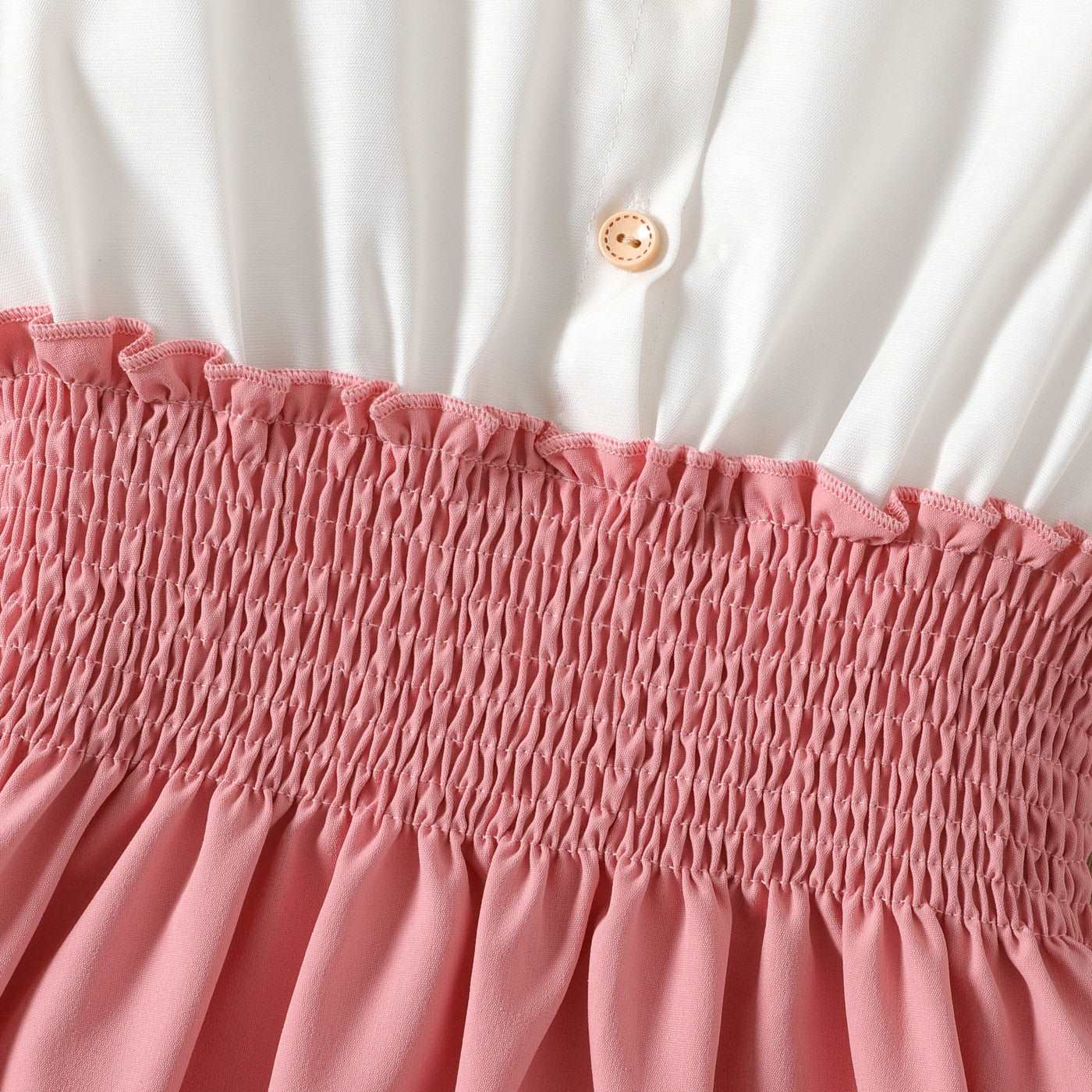 Button Design Smocked Splice Ruffled Flutter-sleeve Dress