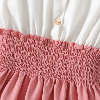 Button Design Smocked Splice Ruffled Flutter-sleeve Dress
