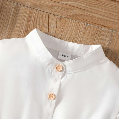 Button Design Smocked Splice Ruffled Flutter-sleeve Dress
