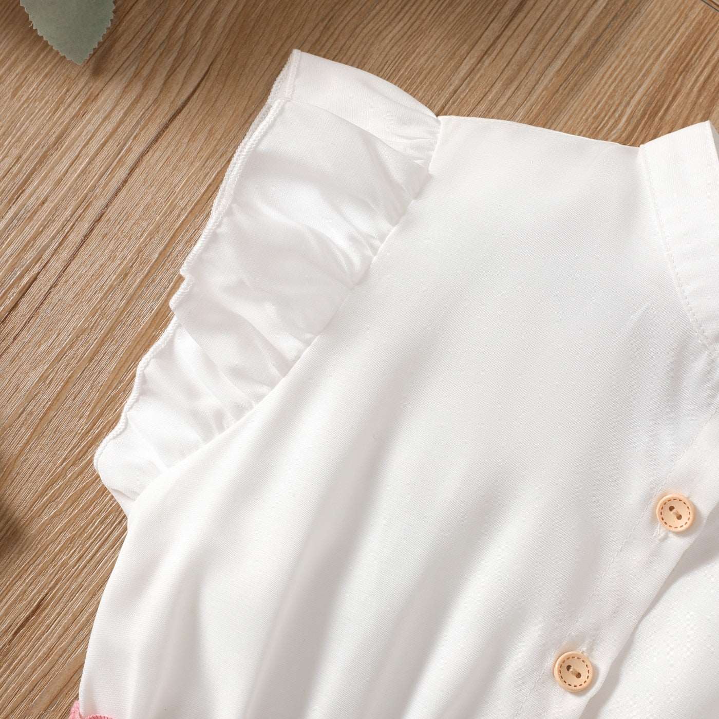 Button Design Smocked Splice Ruffled Flutter-sleeve Dress