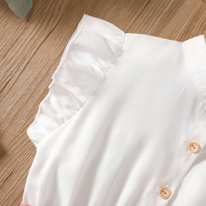 Button Design Smocked Splice Ruffled Flutter-sleeve Dress
