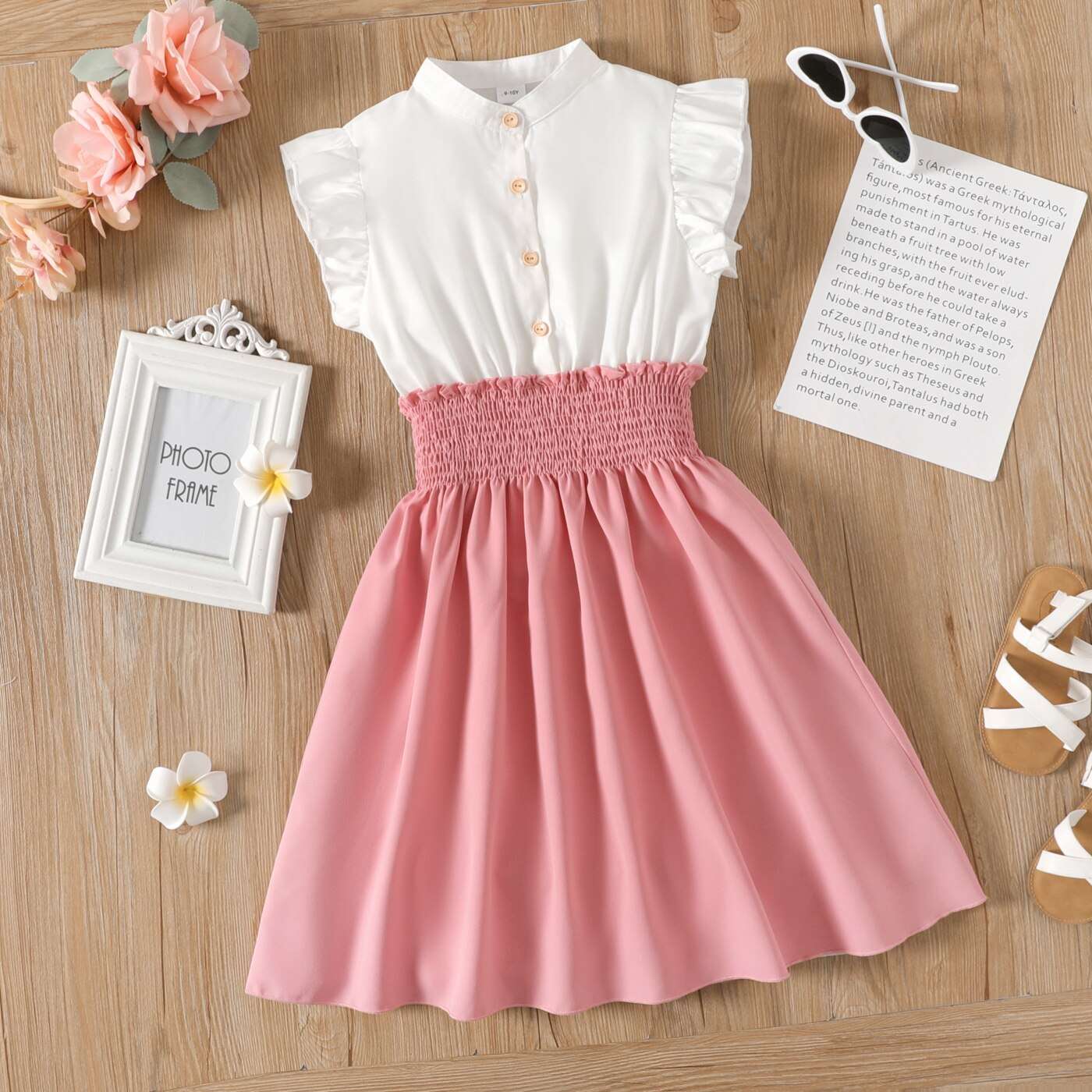 Button Design Smocked Splice Ruffled Flutter-sleeve Dress