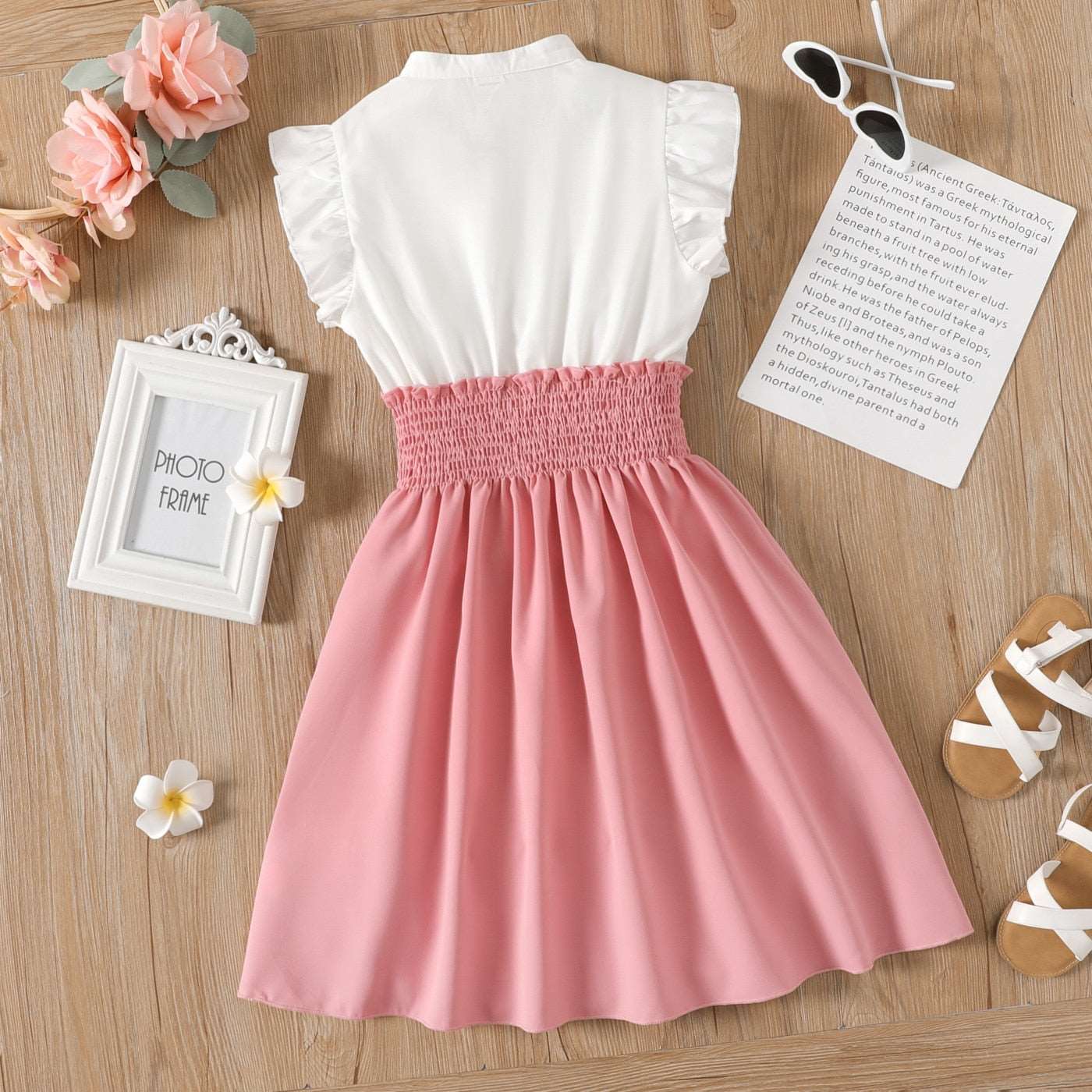 Button Design Smocked Splice Ruffled Flutter-sleeve Dress