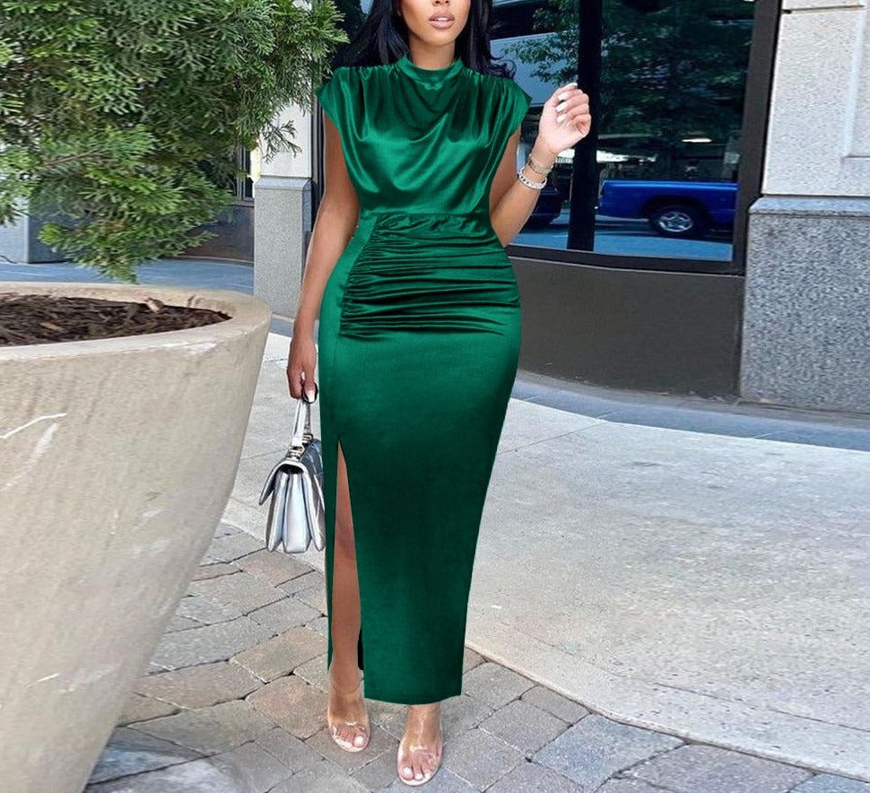 Women Dress Pleated Long Wine Red Elegant Slit High Collar Slim Fit Sleeveless Maxi Robes Female Shiny Gowns Party 2023 Spring EMJP TRENDS