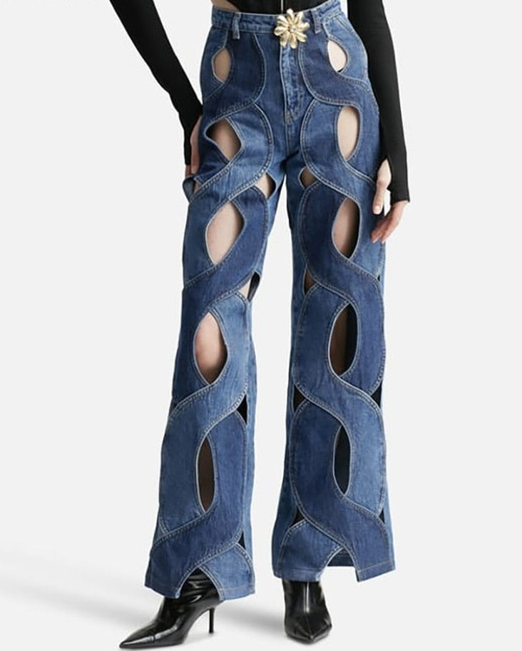 DEAT Fashion Women's Jeans High Waist Cross Contrast Color Hollow Out Metal Button Straight Denim Pants Summer 2023 New 17A8765H EMJP TRENDS