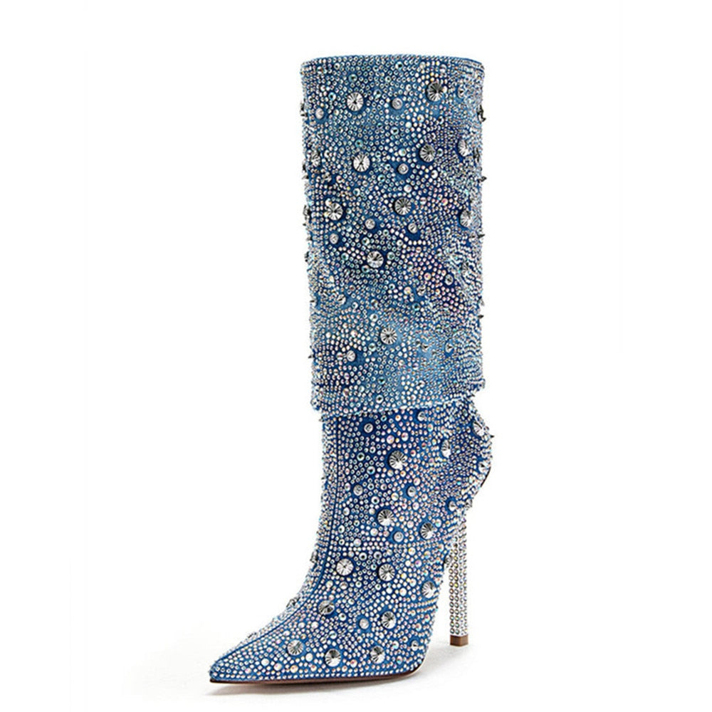 Denim Diamond Metal Thin Heel Boots