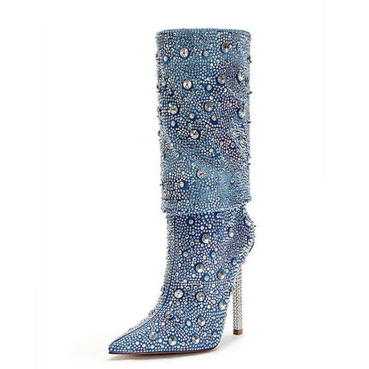 Denim Diamond Metal Thin Heel Boots