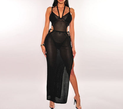 Dress Mesh Hollow Out V Neck Lace Up EMJP TRENDS