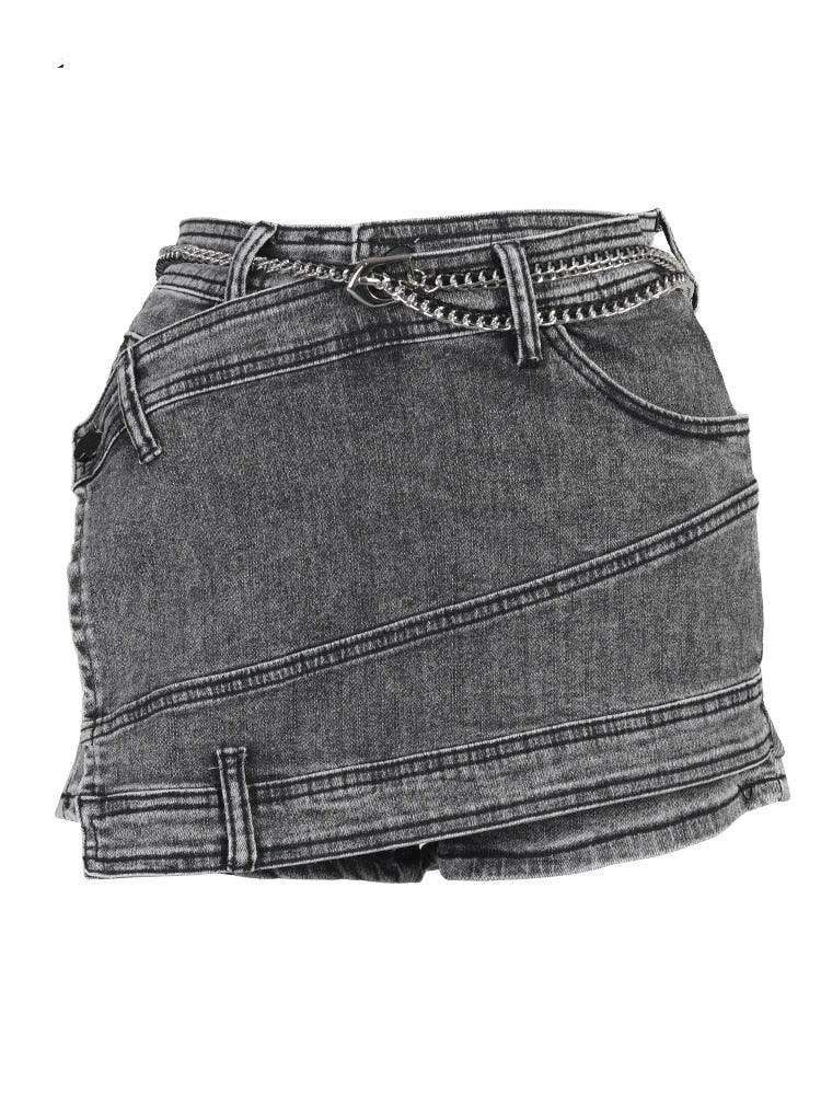 Denim Skirt High Waist Irregular Chain Fake 2 Pcs Mini Grey Skirts EMJP TRENDS