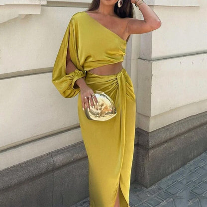 Wefads Women Maxi Dress Stylish Solid One Shoulder Long Lantern Sleeve Hollow Out Top Pleated Irregular Slit Dresses Streetwear EMJP TRENDS