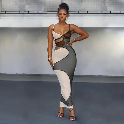 Dress Women Color Contrast Hollow Out Maxi  Elegant Robe Club Sexy Spaghetti Strap Mesh Summer Skinny Dresses Streetwear EMJP TRENDS