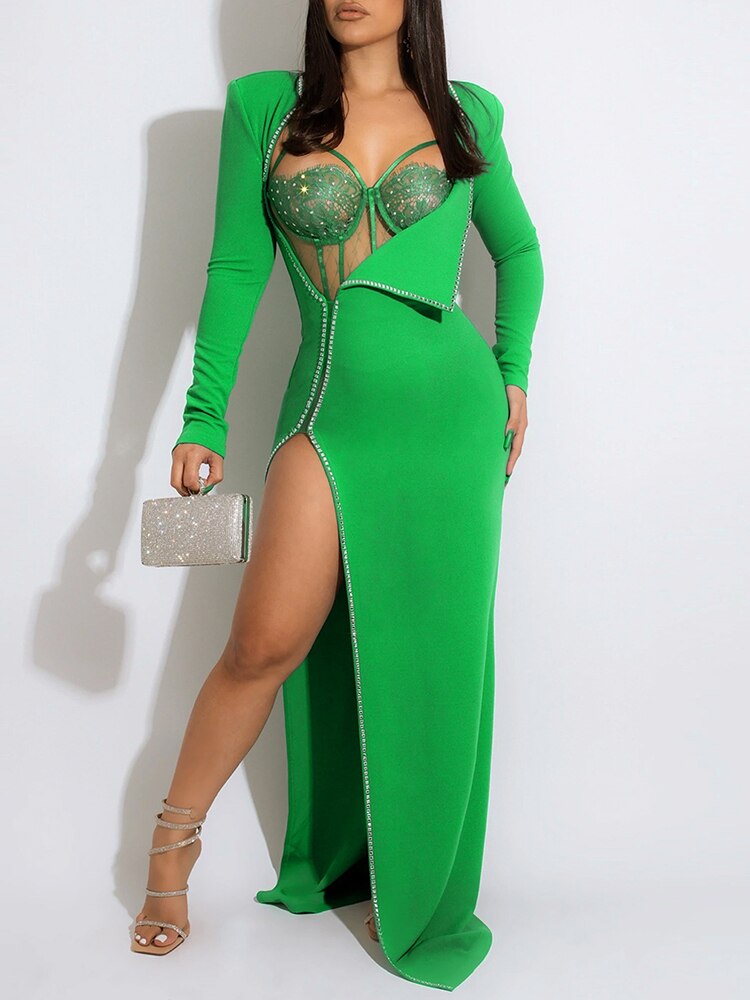 Evening Gowns for Women Elegant Party Sexy Deep V  Asymmetrical Slit Long Dresses Cocktail Maxi Robe Dinner Prom for Ladies EMJP TRENDS