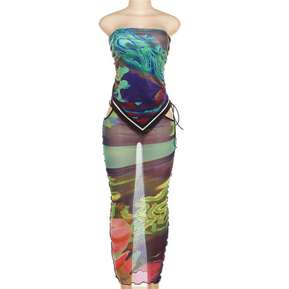 Summer Printed Sheer Mesh Two Piece Set Women Sexy Bandage Strapless Vest Crop Top Hollow Out Lace Up Bodycon Maxi Skirts Suit EMJP TRENDS