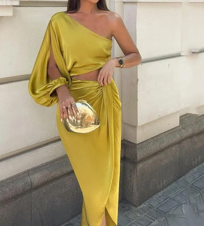 Wefads Women Maxi Dress Stylish Solid One Shoulder Long Lantern Sleeve Hollow Out Top Pleated Irregular Slit Dresses Streetwear EMJP TRENDS