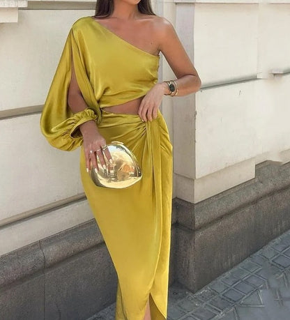 Wefads Women Maxi Dress Stylish Solid One Shoulder Long Lantern Sleeve Hollow Out Top Pleated Irregular Slit Dresses Streetwear EMJP TRENDS