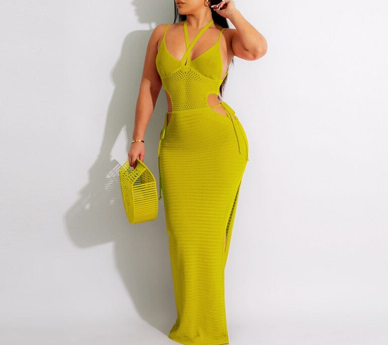 Dress Mesh Hollow Out V Neck Lace Up EMJP TRENDS