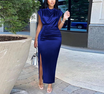 Women Dress Pleated Long Wine Red Elegant Slit High Collar Slim Fit Sleeveless Maxi Robes Female Shiny Gowns Party 2023 Spring EMJP TRENDS