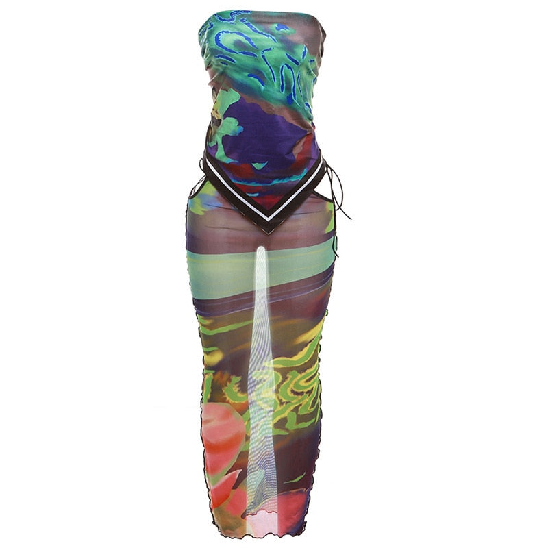 Summer Printed Sheer Mesh Two Piece Set Women Sexy Bandage Strapless Vest Crop Top Hollow Out Lace Up Bodycon Maxi Skirts Suit EMJP TRENDS