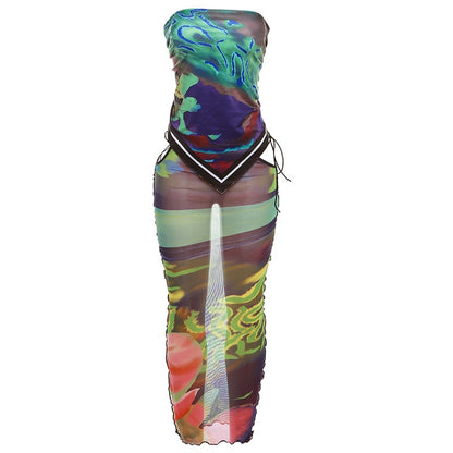 Summer Printed Sheer Mesh Two Piece Set Women Sexy Bandage Strapless Vest Crop Top Hollow Out Lace Up Bodycon Maxi Skirts Suit EMJP TRENDS