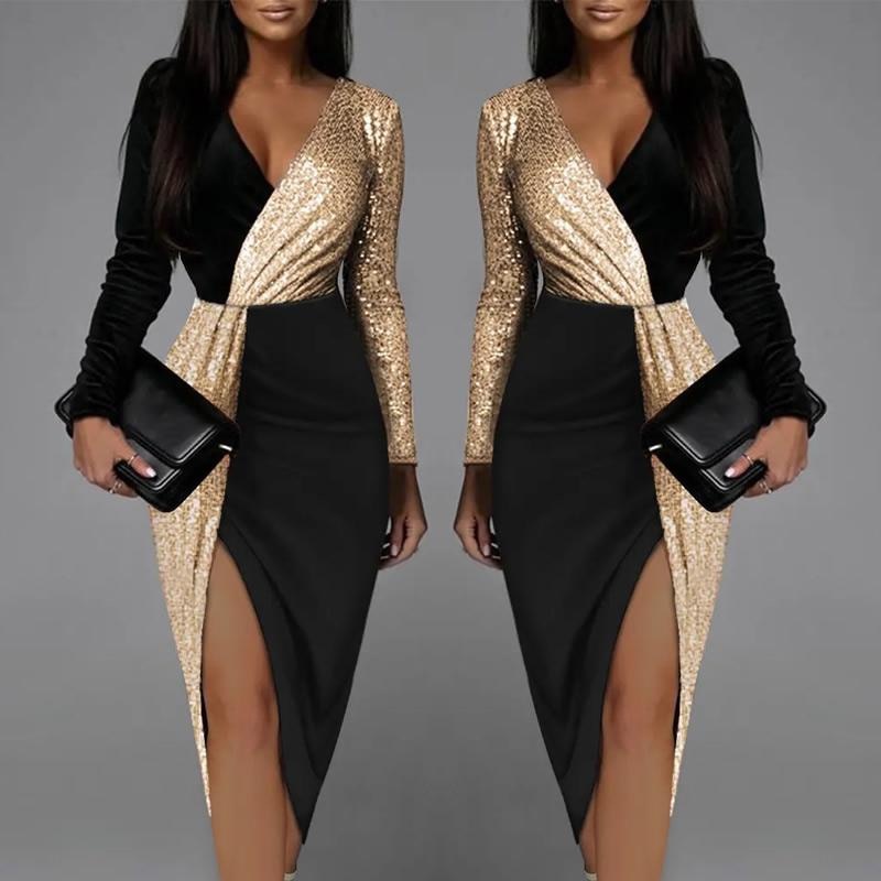 Sexy Chic Dresses Women Long Sleeve V-neck