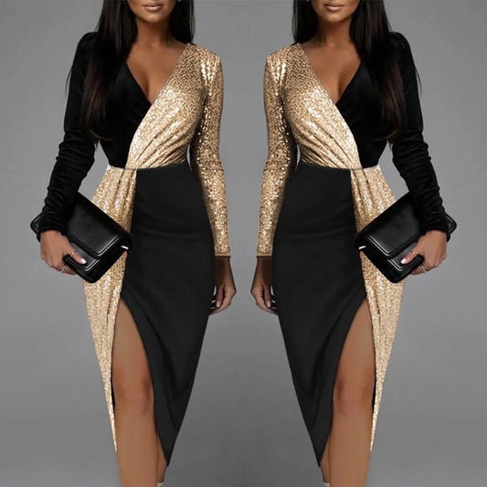 Sexy Chic Dresses Women Long Sleeve V-neck