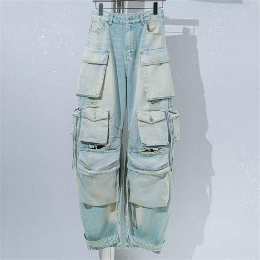 Women's Jeans Washed Process Korean Fashion Worn-out Cargo Pants