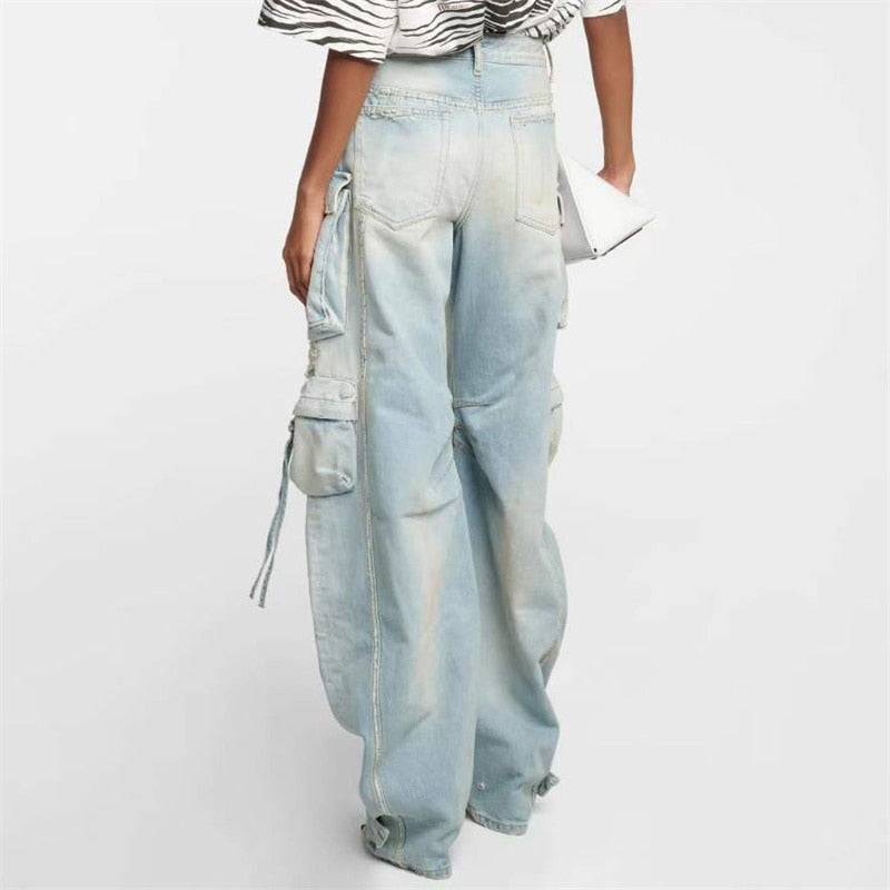 Women's Jeans Washed Process Korean Fashion Worn-out Cargo Pants