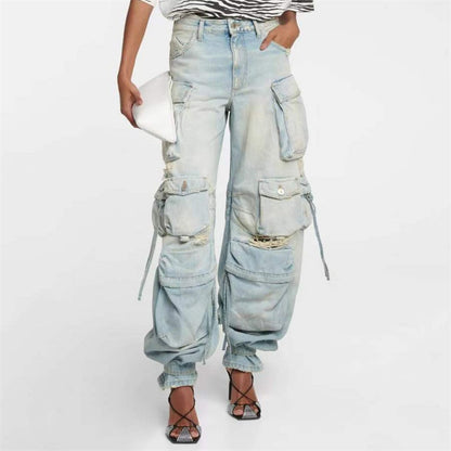 Women's Jeans Washed Process Korean Fashion Worn-out Cargo Pants