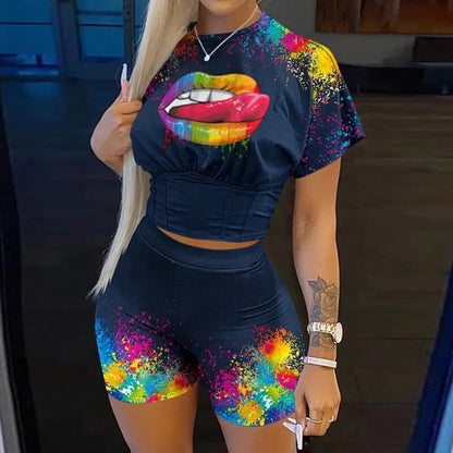 Two Piece Set Women Letter Print Short Sleeve Crop Corset T-shirt & Ladies High Waist Shorts