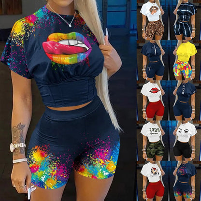 Two Piece Set Women Letter Print Short Sleeve Crop Corset T-shirt & Ladies High Waist Shorts