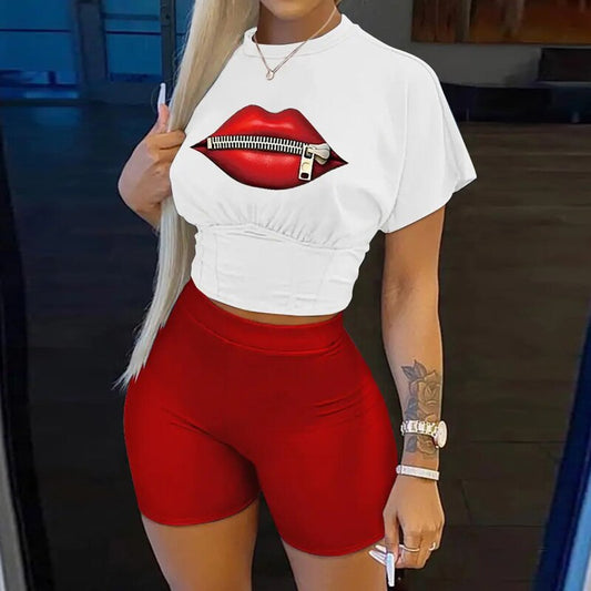 Two Piece Set Women Letter Print Short Sleeve Crop Corset T-shirt & Ladies High Waist Shorts