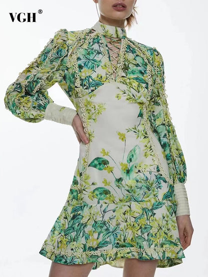Printing Bandage Dresses For Women Stand Collar Lantern Sleeve High Waist