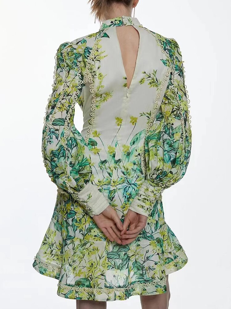 Printing Bandage Dresses For Women Stand Collar Lantern Sleeve High Waist
