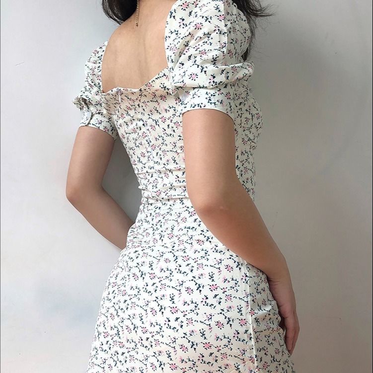 New Female lace-up Puff Sleeve Show Thin Waist Floral Mini Dresses