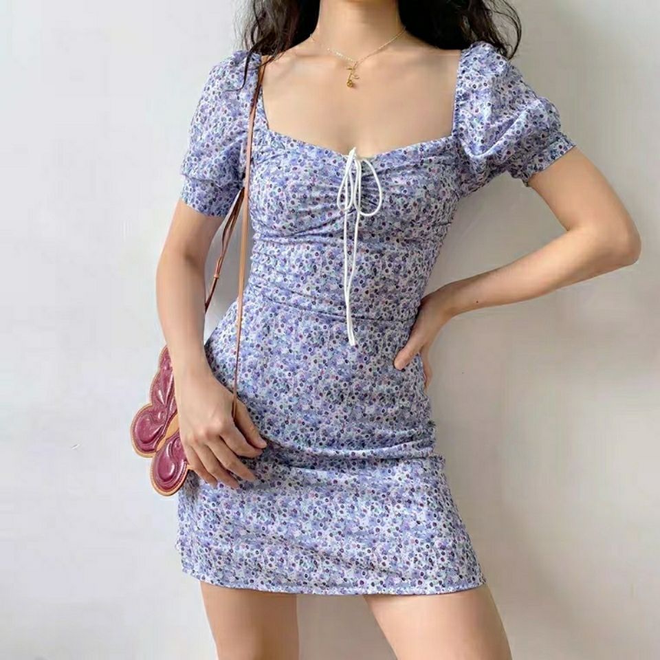 New Female lace-up Puff Sleeve Show Thin Waist Floral Mini Dresses
