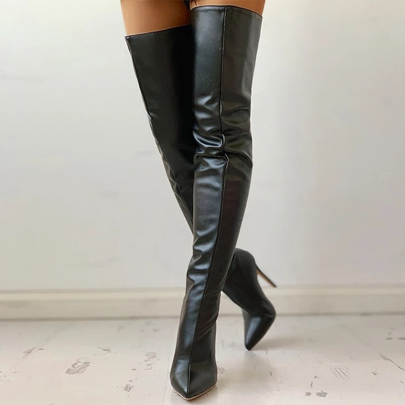 Knee Boots Female Zip Sexy Black Long Boots Woman Thin Heel