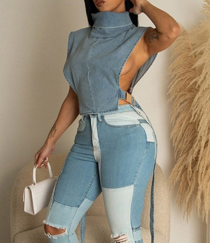 Turtleneck Sleeveless Cut Out Crop Top Sexy
