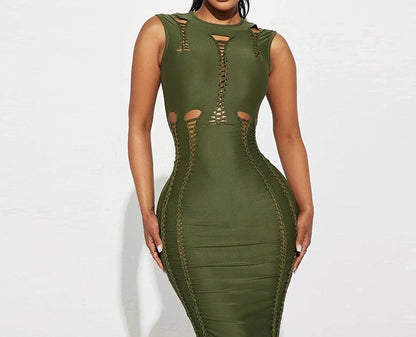 Women Solid Color Hollow Out Slim Round Neck Sleeveless Dress