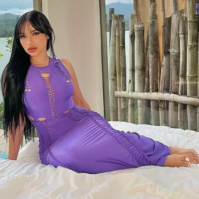 Women Solid Color Hollow Out Slim Round Neck Sleeveless Dress