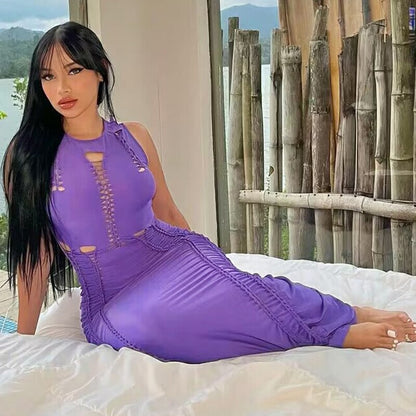 Women Solid Color Hollow Out Slim Round Neck Sleeveless Dress