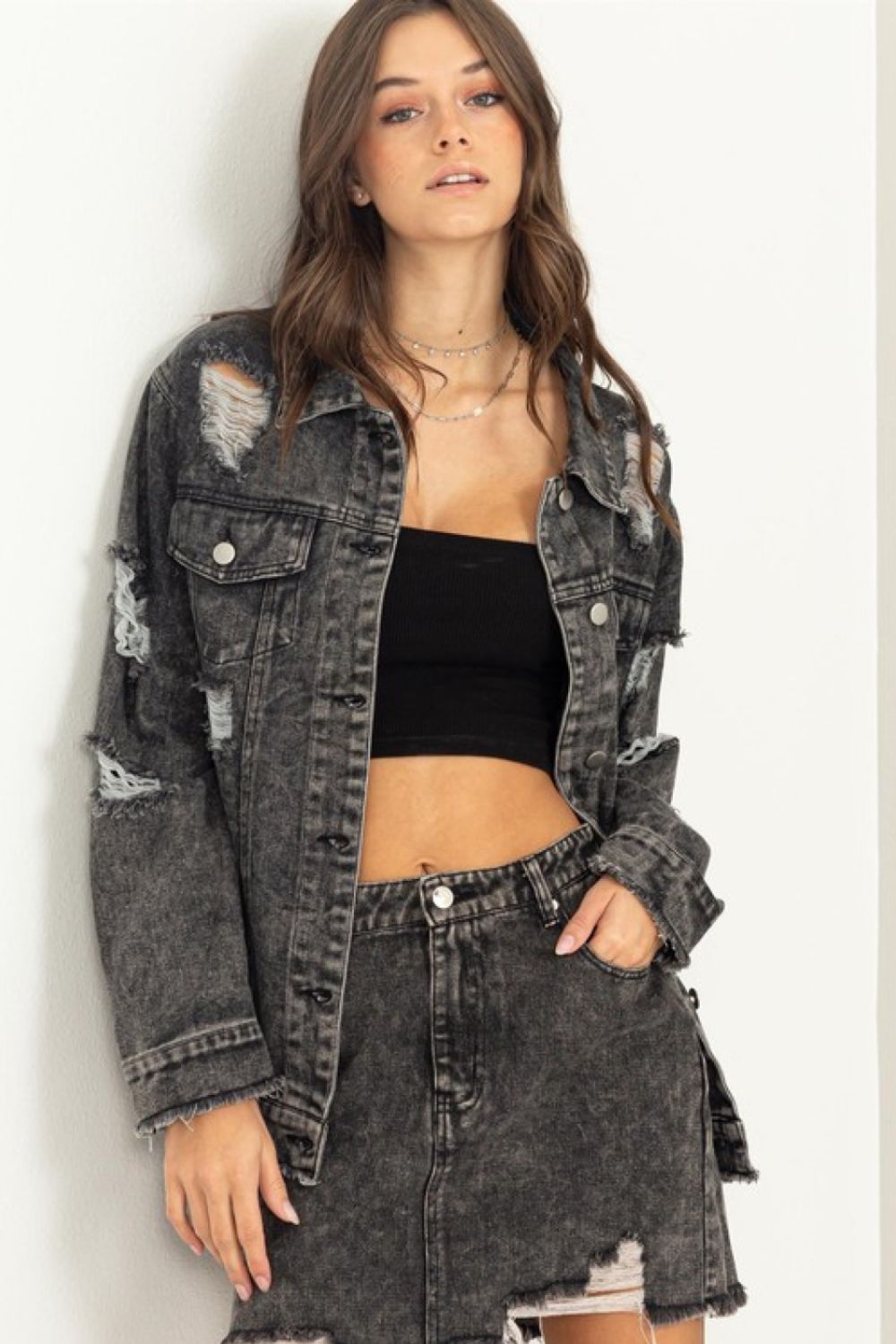 HYFVE Tess Distressed Denim Jacket in Black Denim