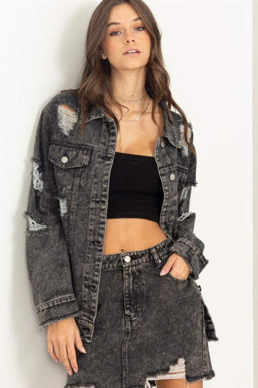 HYFVE Tess Distressed Denim Jacket in Black Denim