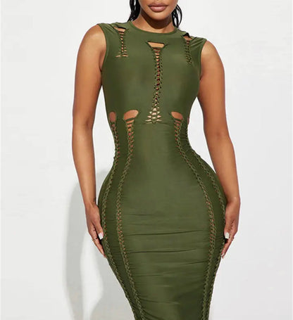 Women Solid Color Hollow Out Slim Round Neck Sleeveless Dress